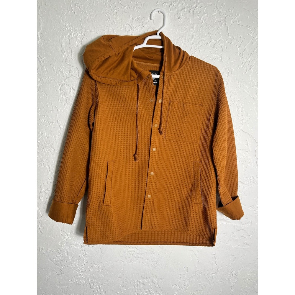 Original Use Mens Waffle Knit Snap Front Hoodie Shirt Jacket Burnt Orange Medium